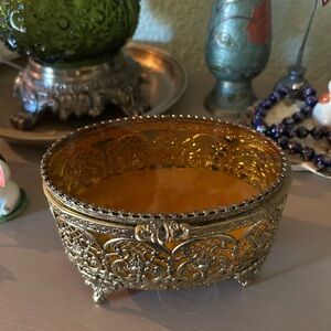 Elegant Gold vintage Hollywood regency Ormolu amber glass casket box